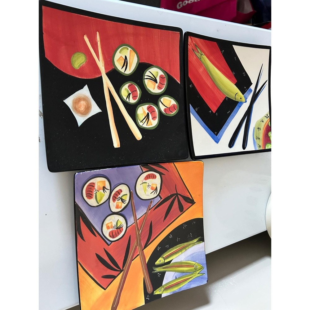 Mary Naylor Designs 2003 Handpainted Sushi Plate Set of 3 Ceramic Wall Art